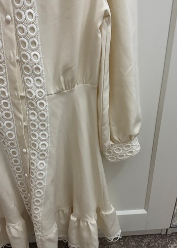 Beyaz Nakışlı Uzun Kollu Bohem Midi Elbise - Görsel 3