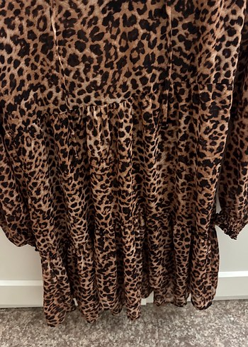 Kahverengi Leopar Desenli Uzun Kollu Midi Elbise - Görsel 5