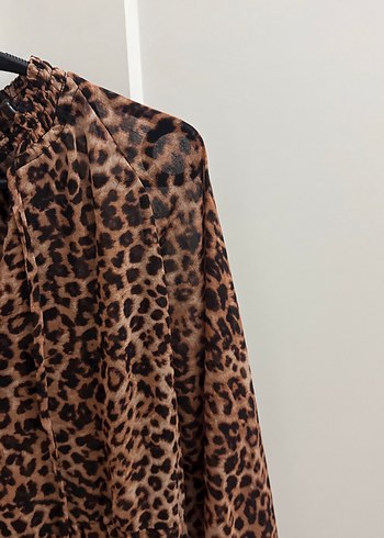 Kahverengi Leopar Desenli Uzun Kollu Midi Elbise - Görsel 4