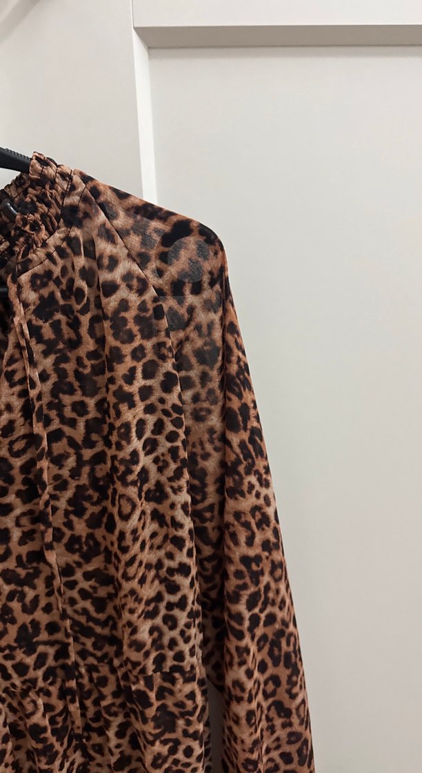 Kahverengi Leopar Desenli Uzun Kollu Midi Elbise - Görsel 4