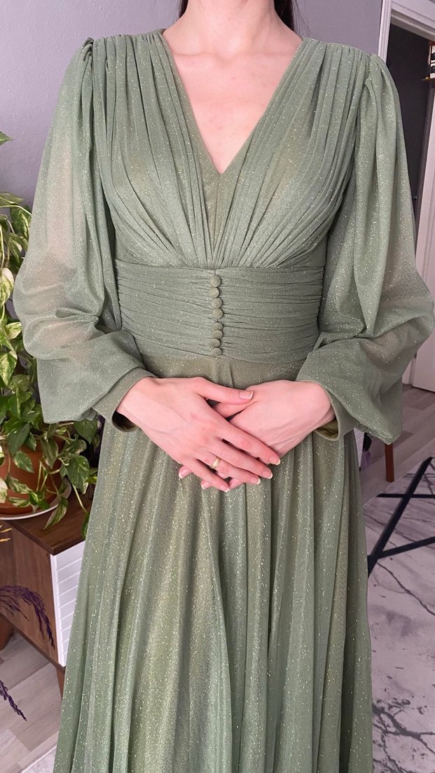 Kadın Uzun Kollu V Yaka Şık Uzun Elbise - Görsel 4