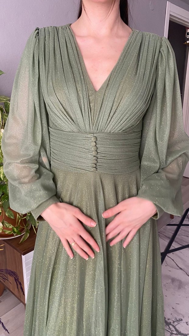 Kadın Uzun Kollu V Yaka Şık Uzun Elbise - Görsel 2