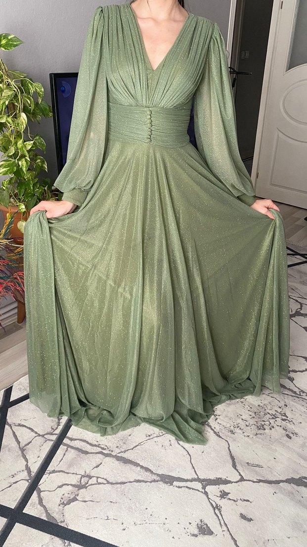 Kadın Uzun Kollu V Yaka Şık Uzun Elbise - Görsel 3