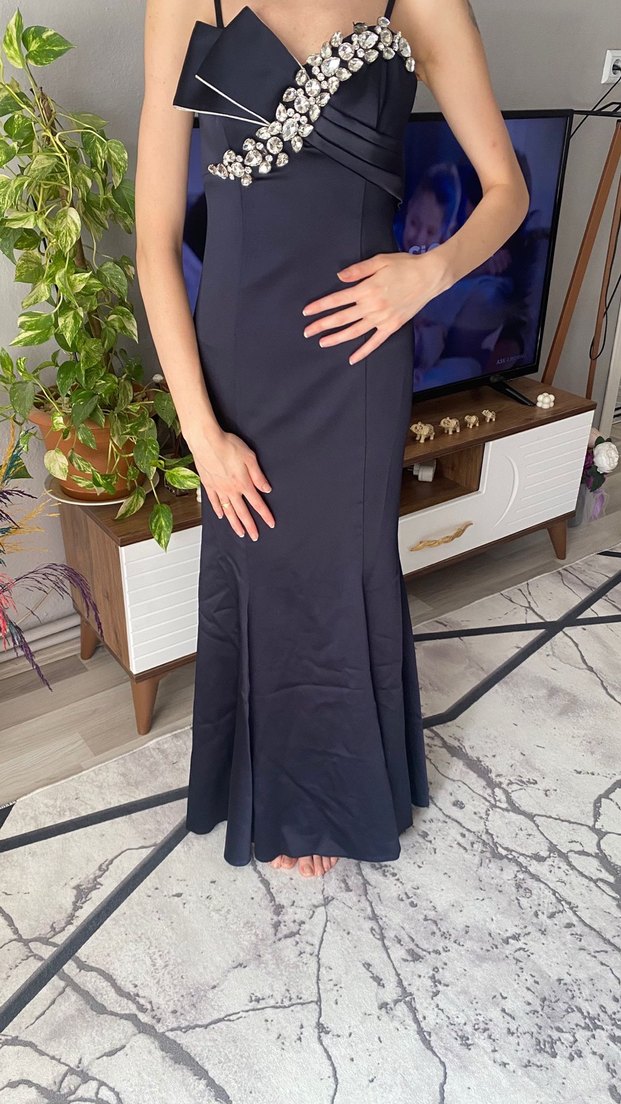 Kadın Lacivert Drapeli V Yaka Abiye Elbise - Görsel 2