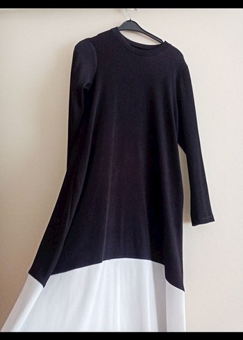 Siyah-Beyaz Pilili Uzun Kadın Elbise - Görsel 7