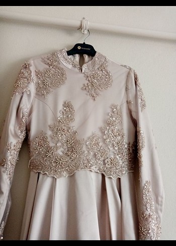 Bej İşlemeli Uzun Kollu Kadın Abiye Elbise - Görsel 4