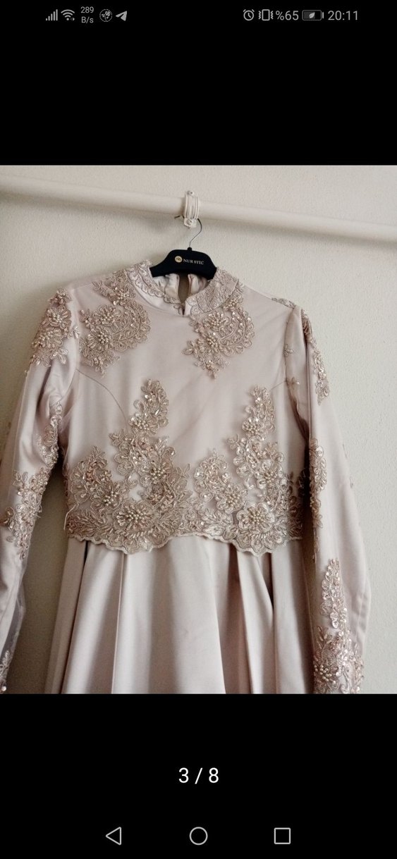 Bej İşlemeli Uzun Kollu Kadın Abiye Elbise - Görsel 4