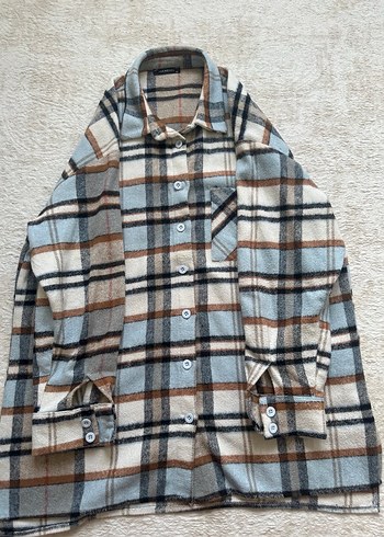 Düğmeli Ekose Bol Kesim Gri-Kahverengi Kadın Gömlek. - Görsel 3