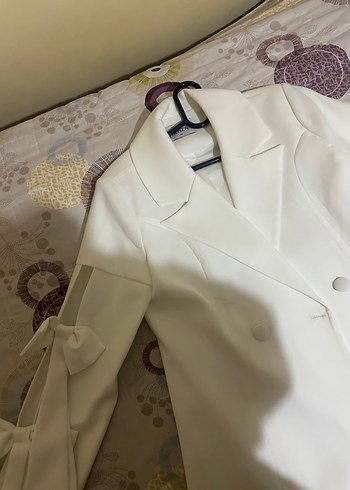 Kadın Beyaz Düğmeli Midi Blazer Ceket - Görsel 5