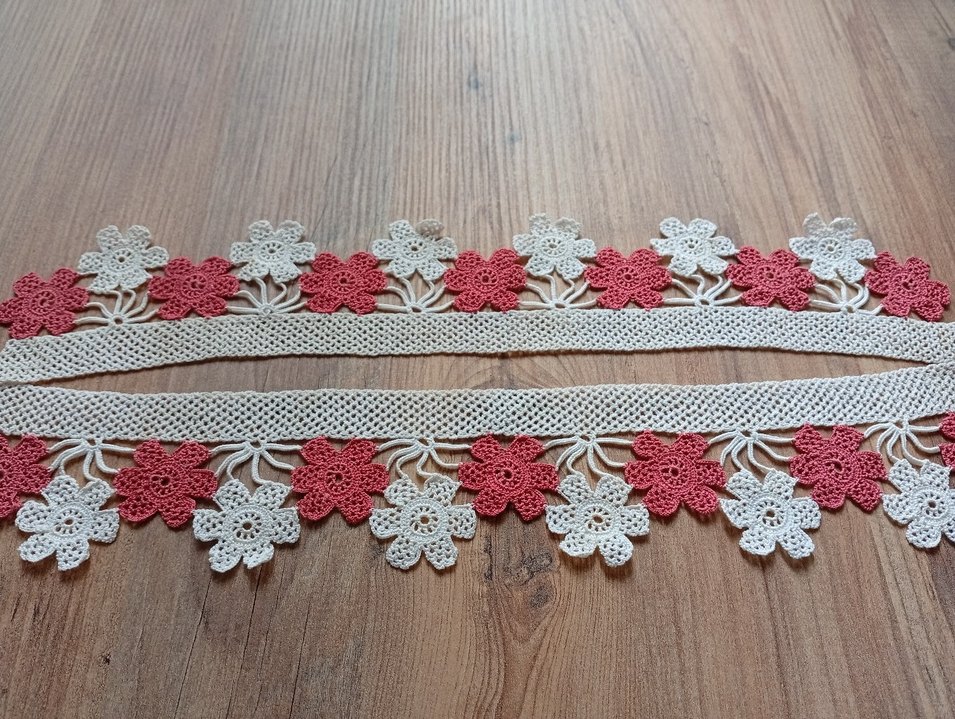 Bohem Kırmızı Beyaz El Yapımı Çiçekli Dantel - Görsel 2