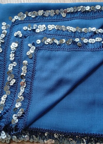 Mavi İpek Kadın Fular - Pullu Kenar - Görsel 2