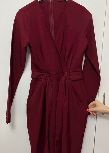 Bordo Uzun Kollu Kadın Tulum - Görsel 3