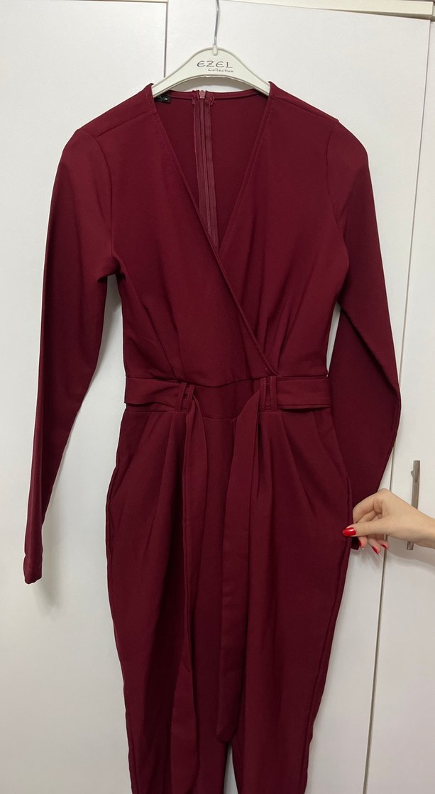 Bordo Uzun Kollu Kadın Tulum - Görsel 3