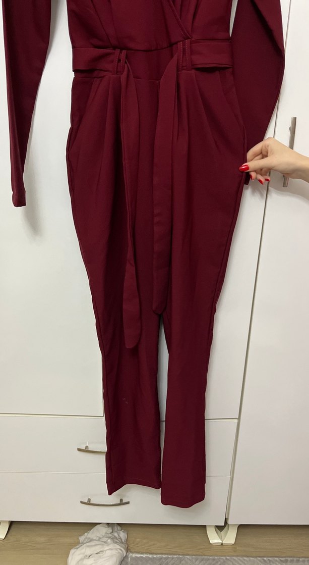 Bordo Uzun Kollu Kadın Tulum - Görsel 2