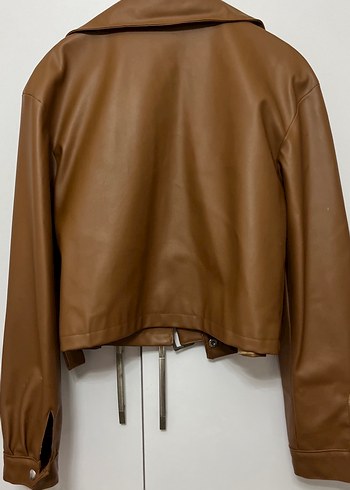Kahverengi Deri Kemerli Biker Ceket - Görsel 4