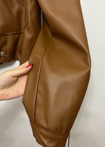 Kahverengi Deri Kemerli Biker Ceket - Görsel 3