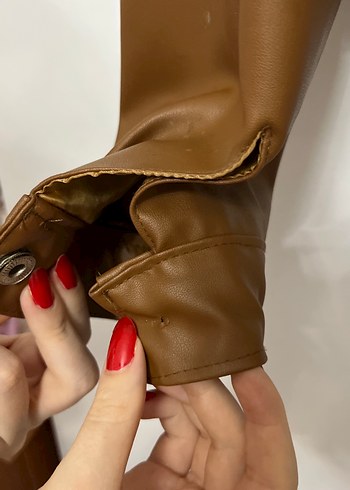 Kahverengi Deri Kemerli Biker Ceket - Görsel 5