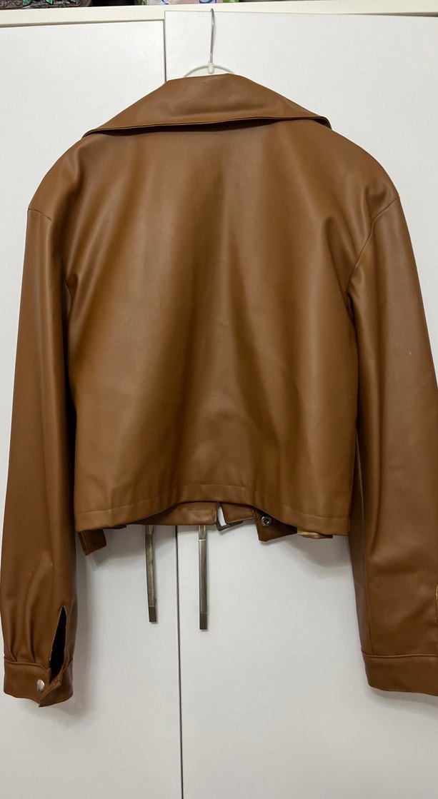 Kahverengi Deri Kemerli Biker Ceket - Görsel 4