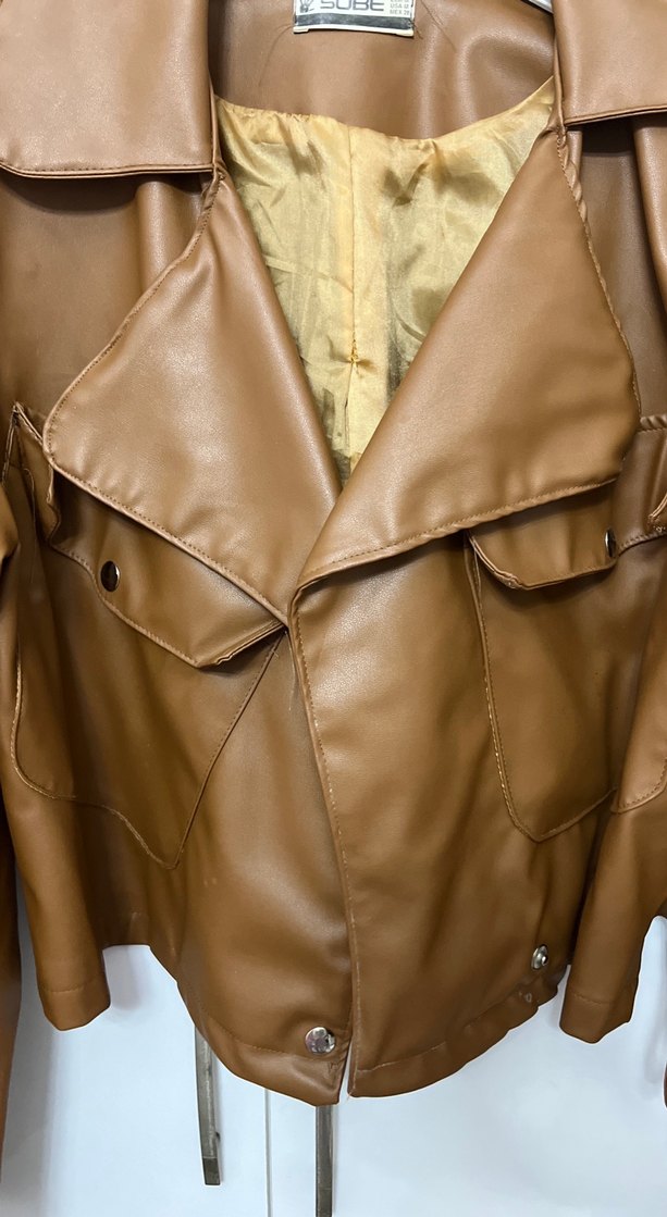 Kahverengi Deri Kemerli Biker Ceket - Görsel 2
