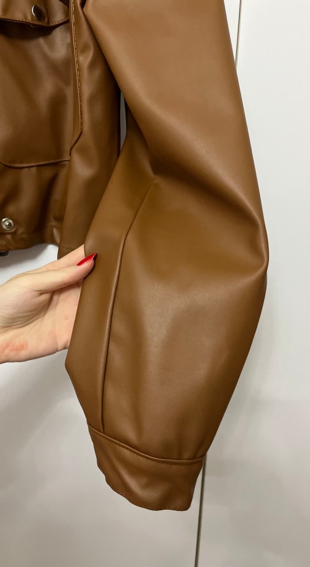 Kahverengi Deri Kemerli Biker Ceket - Görsel 3