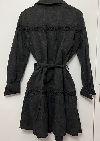 Düğmeli Gri Midi Keten Kadın Elbise - Görsel 2