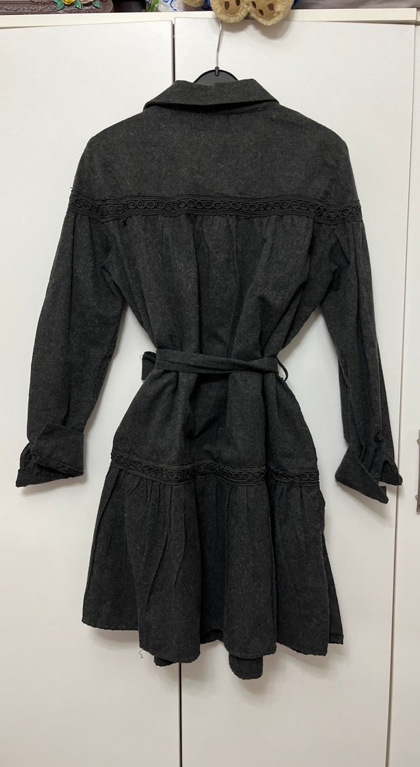 Düğmeli Gri Midi Keten Kadın Elbise - Görsel 2