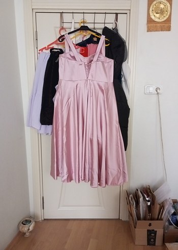 Pembe Midi Drapeli Straplez Kadın Elbise - Görsel 4