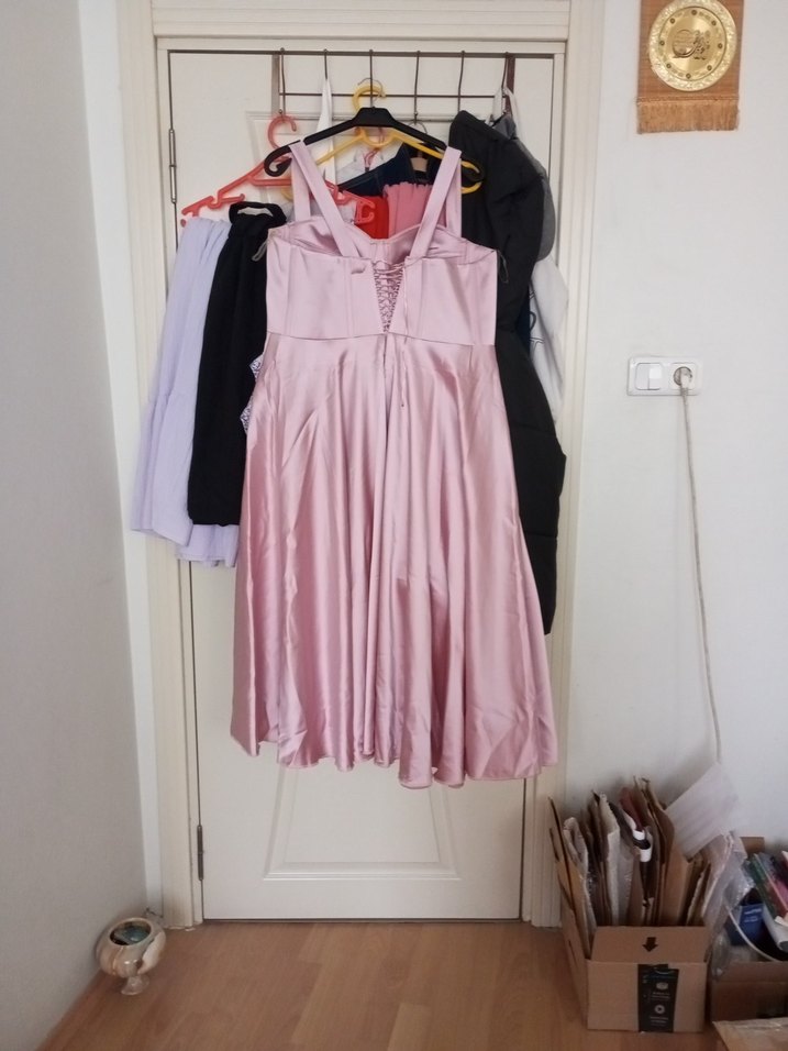 Pembe Midi Drapeli Straplez Kadın Elbise - Görsel 4