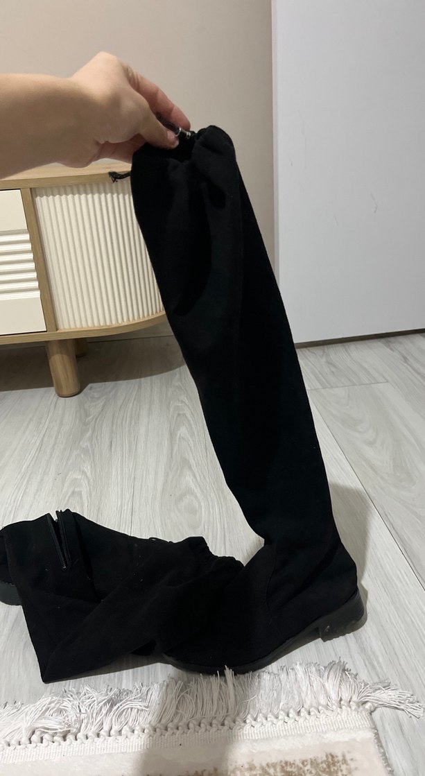 Siyah Diz Üstü Elastik Stiletto Topuklu Çizme - Görsel 2