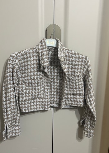 Düğmeli Mini Kadın Ceket Bej Gri Desenli - Görsel 2