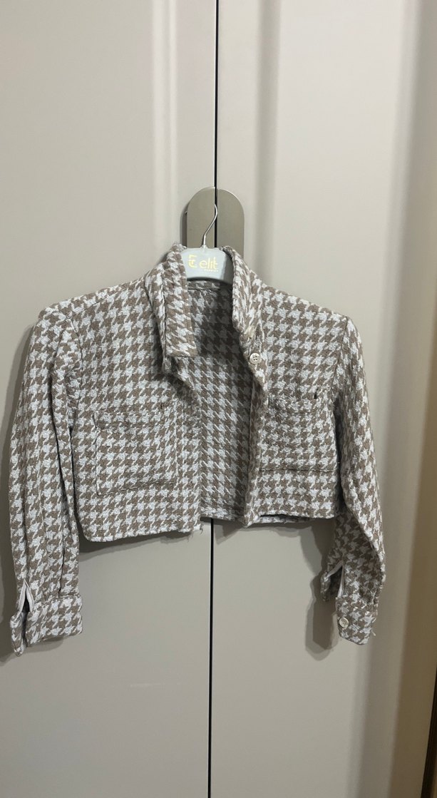 Düğmeli Mini Kadın Ceket Bej Gri Desenli - Görsel 2