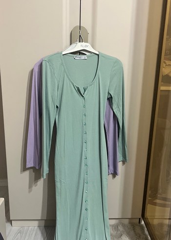 Düğmeli Uzun Kollu Mor Pamuklu Elbise - Görsel 3