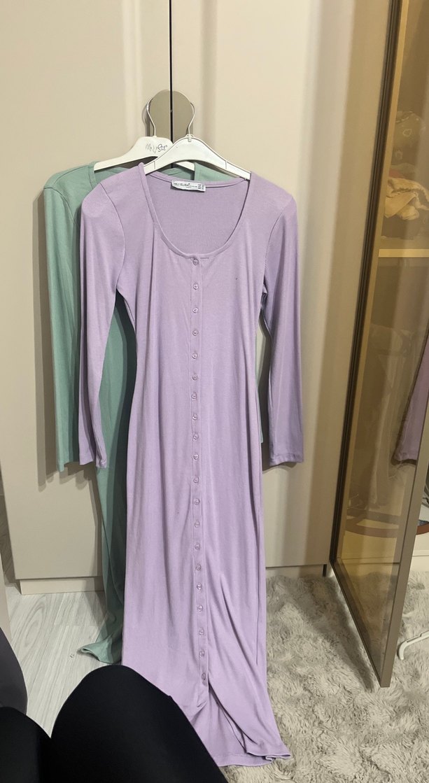 Düğmeli Uzun Kollu Mor Pamuklu Elbise - Görsel 2