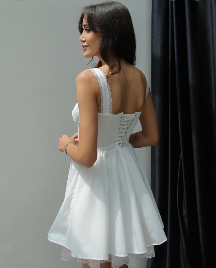 Dantel Detaylı Beyaz Mini Bohem Elbise - Görsel 2