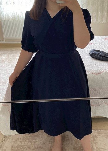 Lacivert Midi V Yaka Elbise - Görsel 6