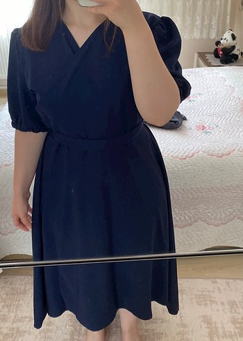 Lacivert Midi V Yaka Elbise - Görsel 5