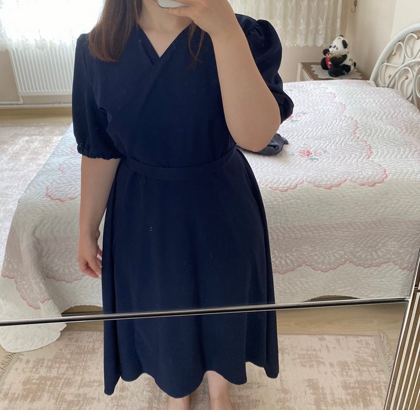 Lacivert Midi V Yaka Elbise - Görsel 5