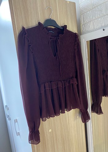 Bordo Uzun Kollu Fırfırlı Kadın Bluz - Görsel 2