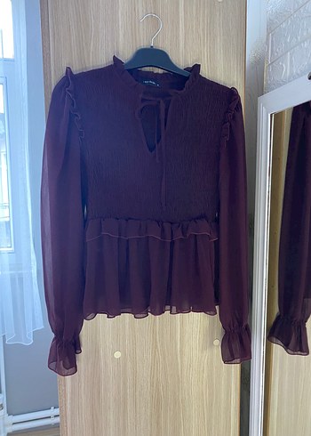 Bordo Uzun Kollu Fırfırlı Kadın Bluz - Görsel 3