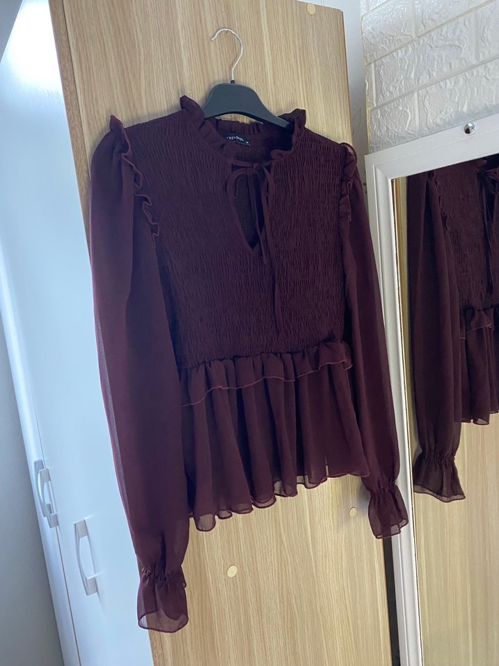 Bordo Uzun Kollu Fırfırlı Kadın Bluz - Görsel 2