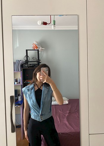 Koton KOTON kolsuz kruvaze yaka crop denim deüğmeli yelek