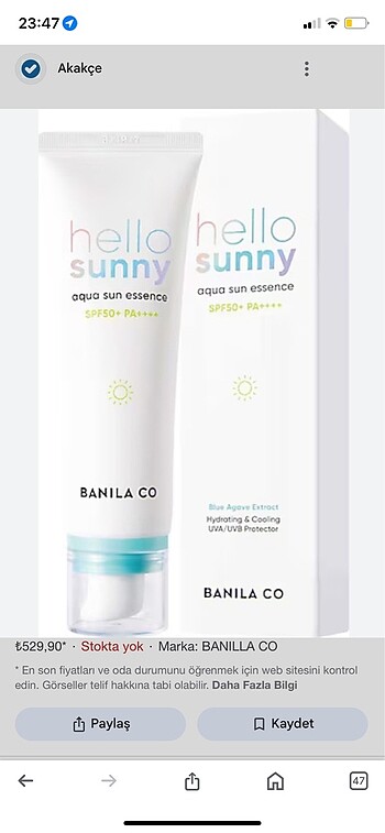 Banila co güneş kremi