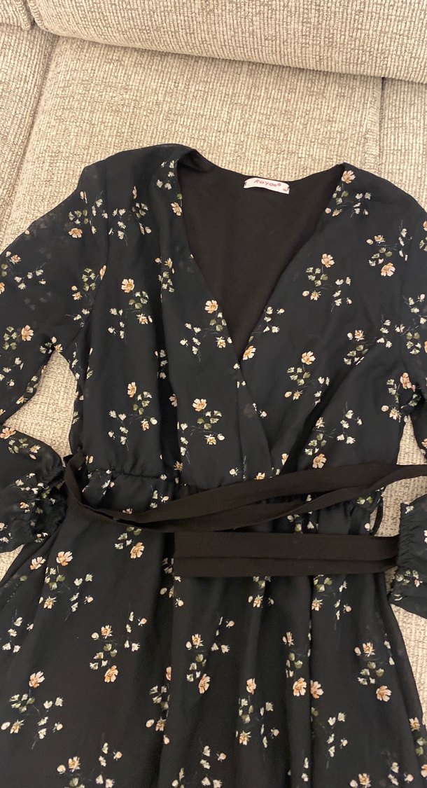 Bohem Siyah Çiçek Desenli Midi Elbise - Görsel 2