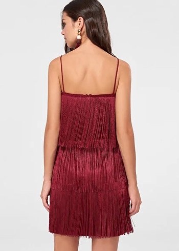 Butik Bordo Püsküllü Mini Bohem Elbise - Görsel 2