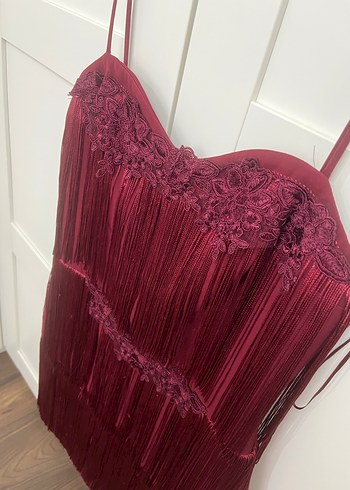 Butik Bordo Püsküllü Mini Bohem Elbise - Görsel 6