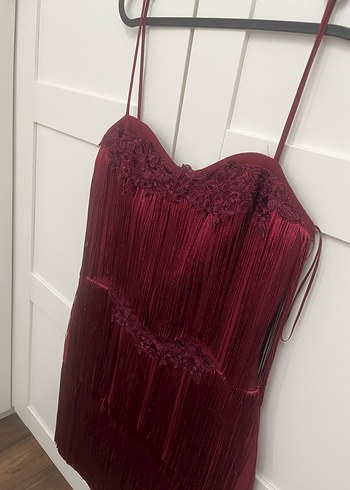 Butik Bordo Püsküllü Mini Bohem Elbise - Görsel 5