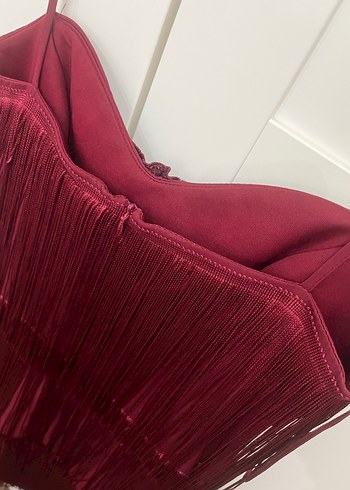 Butik Bordo Püsküllü Mini Bohem Elbise - Görsel 7