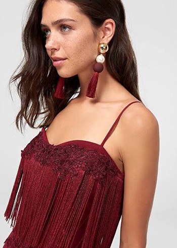 Butik Bordo Püsküllü Mini Bohem Elbise - Görsel 3