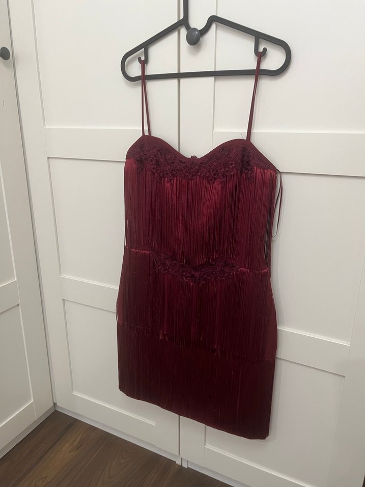 Butik Bordo Püsküllü Mini Bohem Elbise - Görsel 4