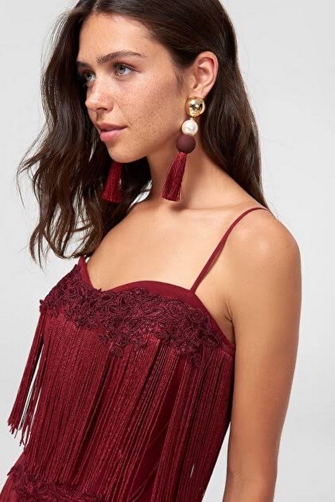 Butik Bordo Püsküllü Mini Bohem Elbise - Görsel 3